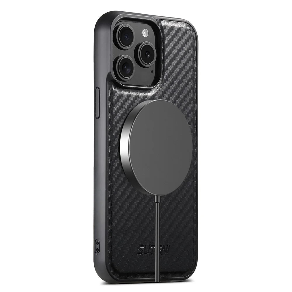 SUTENI G3 For iPhone 14 Pro Magnetic Case Rotating Kickstand Carbon Fiber Texture Leather Phone Back Cover - 7