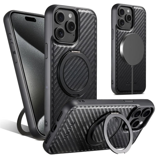 SUTENI G3 For iPhone 14 Pro Max Magnetic Case Rotating Kickstand Carbon Fiber Texture Leather Phone Back Cover - 1
