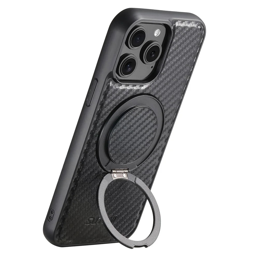 SUTENI G3 For iPhone 14 Pro Max Magnetic Case Rotating Kickstand Carbon Fiber Texture Leather Phone Back Cover - 4