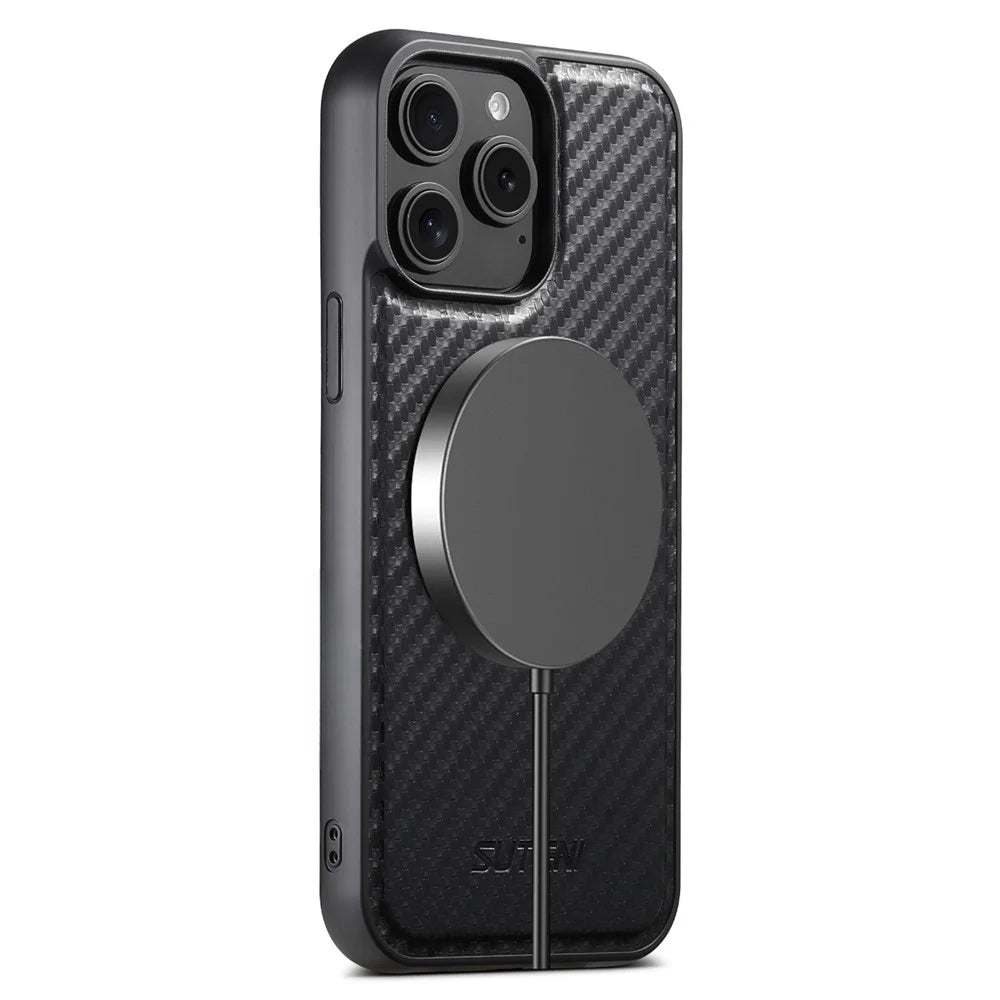 SUTENI G3 For iPhone 14 Pro Max Magnetic Case Rotating Kickstand Carbon Fiber Texture Leather Phone Back Cover - 7