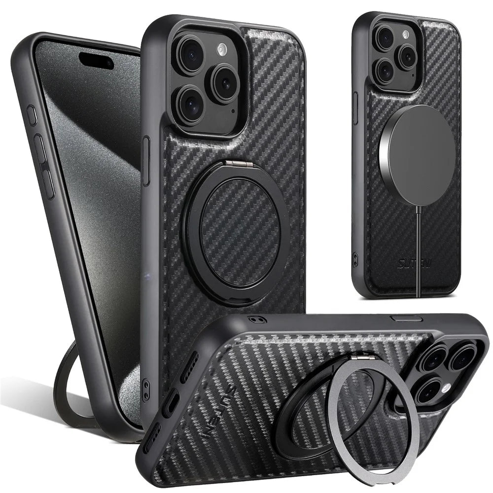 SUTENI G3 For iPhone 15 Pro Magnetic Case Rotating Kickstand Carbon Fiber Texture Leather Phone Back Cover - 1