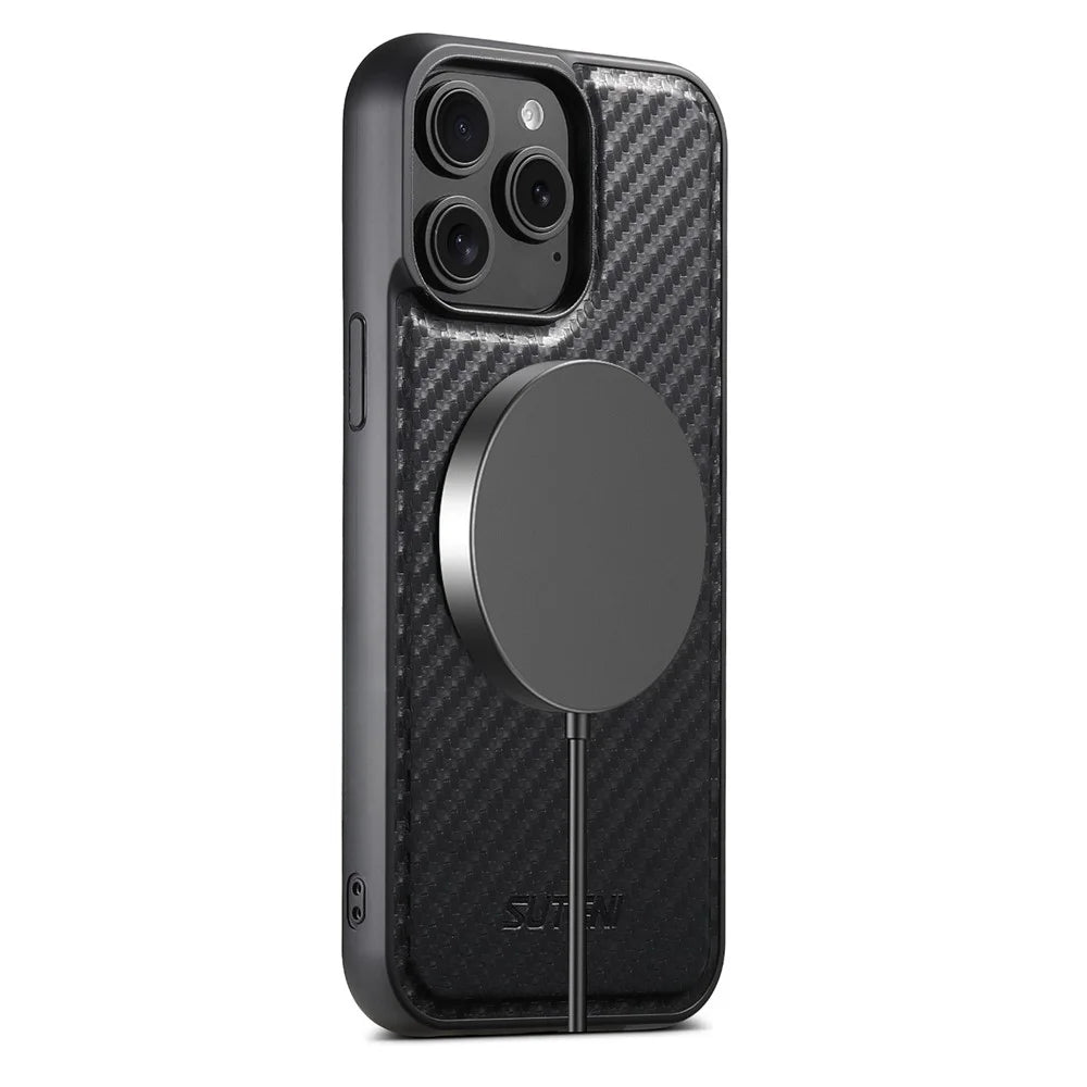 SUTENI G3 For iPhone 15 Pro Magnetic Case Rotating Kickstand Carbon Fiber Texture Leather Phone Back Cover - 7