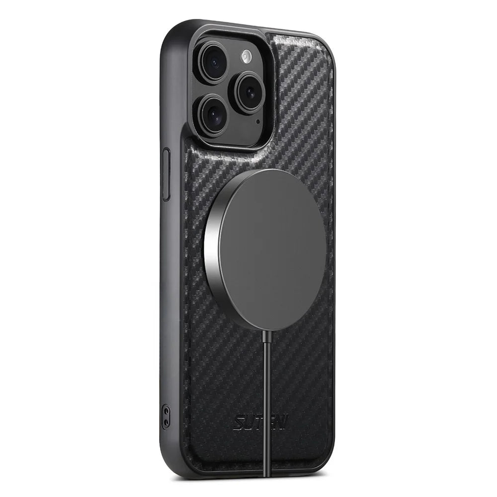 SUTENI G3 For iPhone 15 Pro Max Magnetic Case Rotating Kickstand Carbon Fiber Texture Leather Phone Back Cover - 7