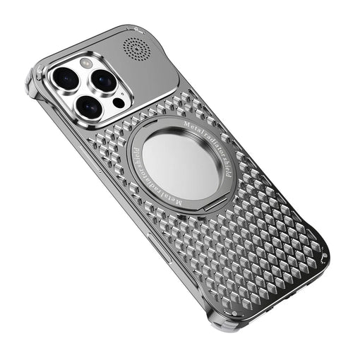 R-JUST RJ64 For iPhone 16 Pro Max Magnetic Case Aluminum Alloy Perfume Cooling Phone Cover with Rotating Kickstand - Titanium - 1