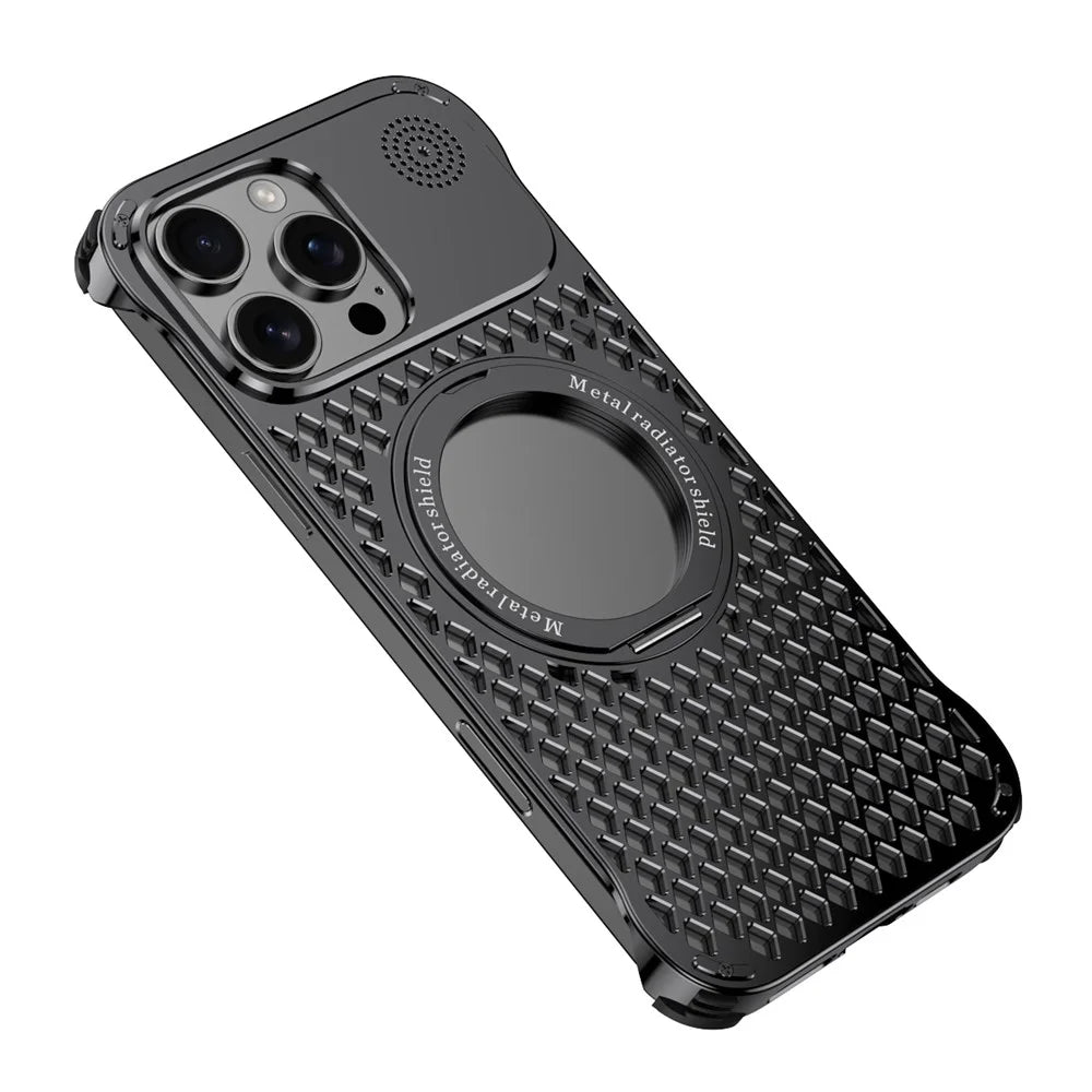R-JUST RJ64 For iPhone 16 Pro Magnetic Case Aluminum Alloy Perfume Cooling Phone Cover with Rotating Kickstand - Black - 1
