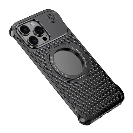 R-JUST RJ64 For iPhone 16 Pro Magnetic Case Aluminum Alloy Perfume Cooling Phone Cover with Rotating Kickstand - Black - 1