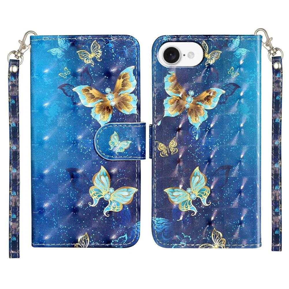 For iPhone 17e / 16e Case 3D Pattern Printed Phone Leather Phone Cover - Blue Gold Butterflies - 1