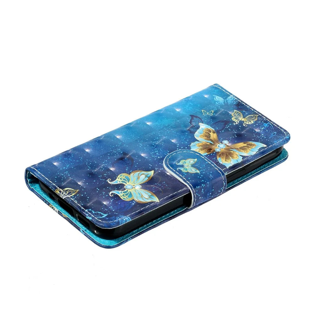 For iPhone 17e / 16e Case 3D Pattern Printed Phone Leather Phone Cover - Blue Gold Butterflies - 4