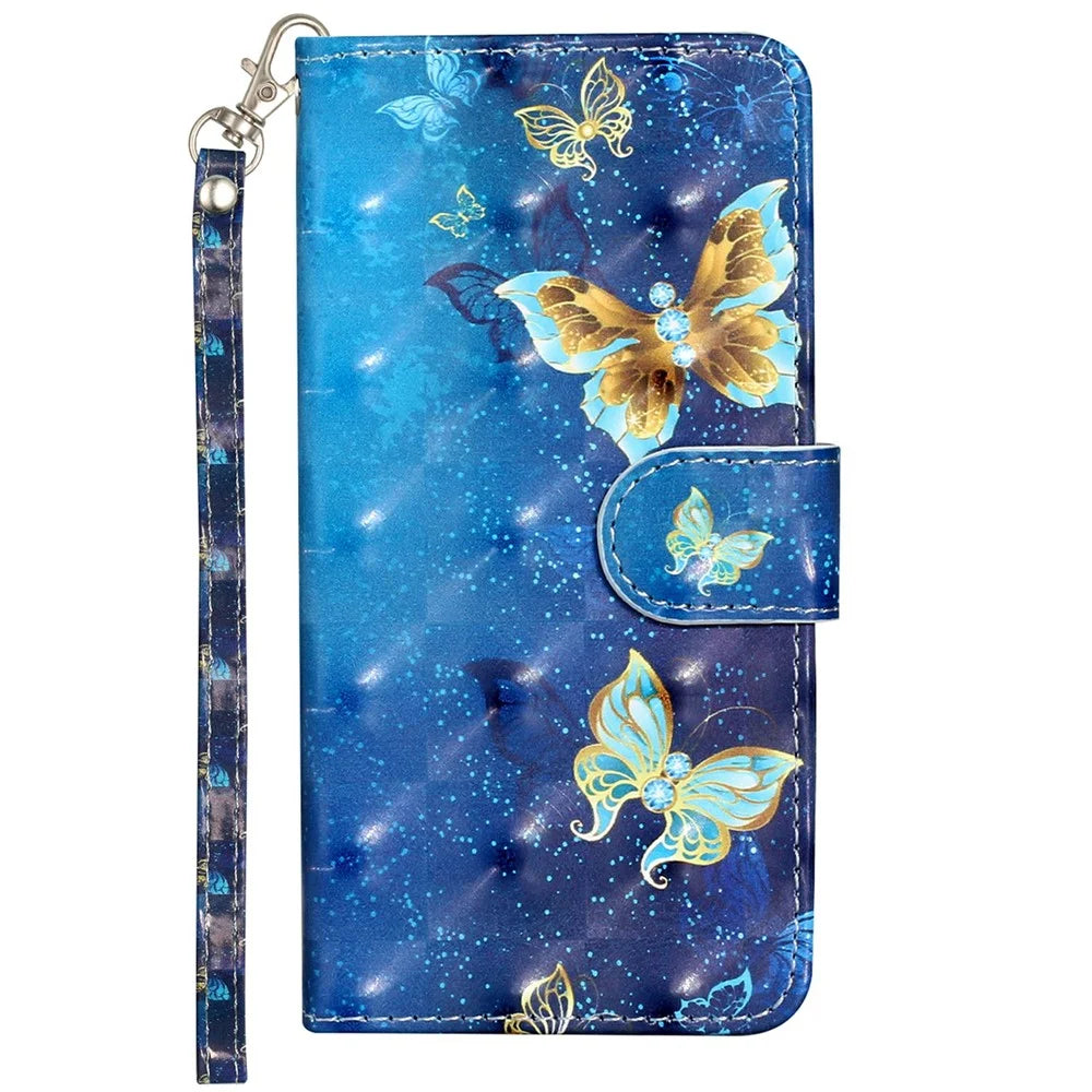 For iPhone 17e / 16e Case 3D Pattern Printed Phone Leather Phone Cover - Blue Gold Butterflies - 5
