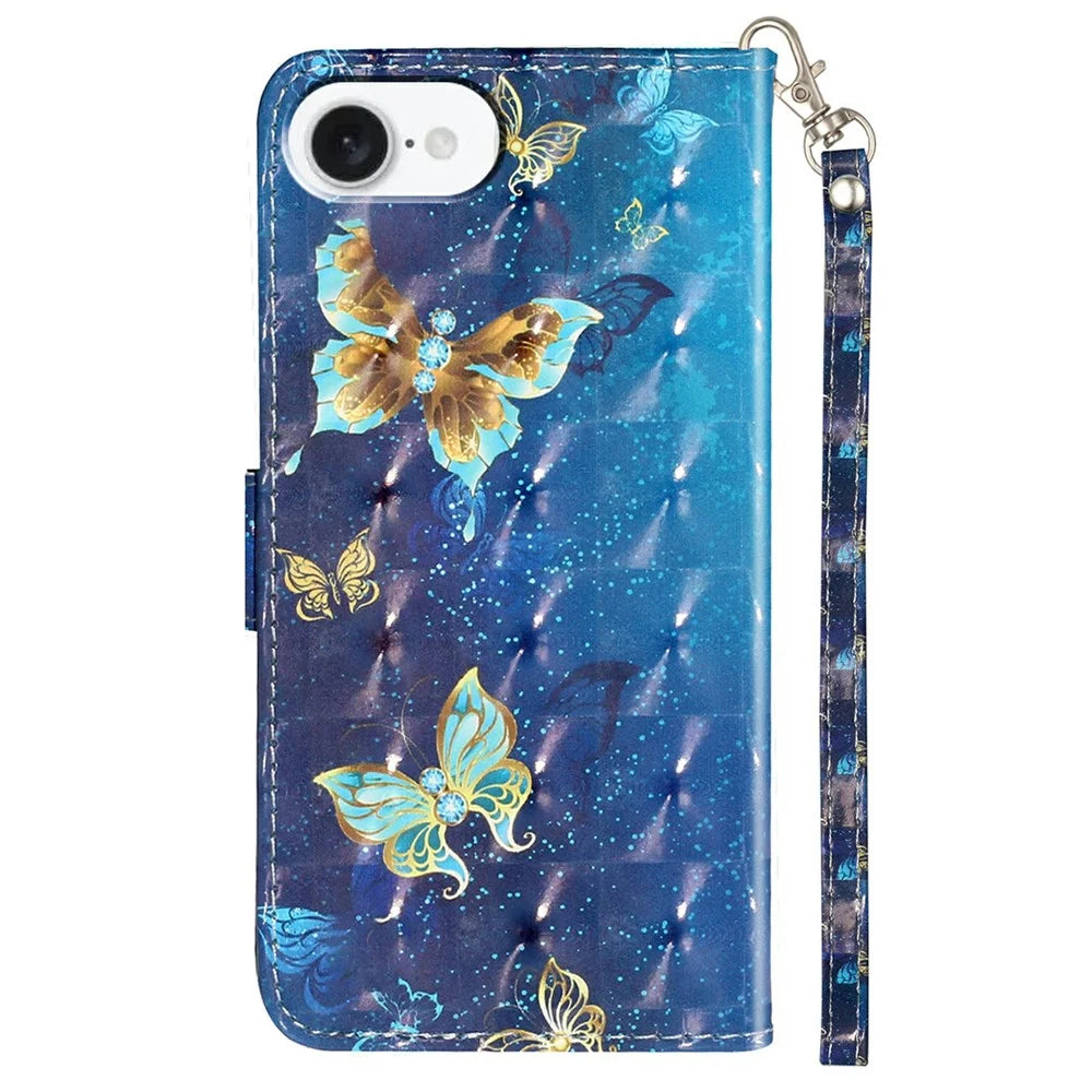 For iPhone 17e / 16e Case 3D Pattern Printed Phone Leather Phone Cover - Blue Gold Butterflies - 6