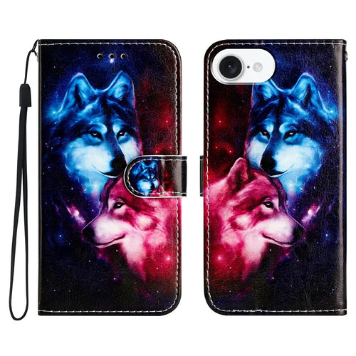 For iPhone 17e / 16e Wallet Case Printed Pattern Design Leather Phone Cover - Couple Wolf - 1