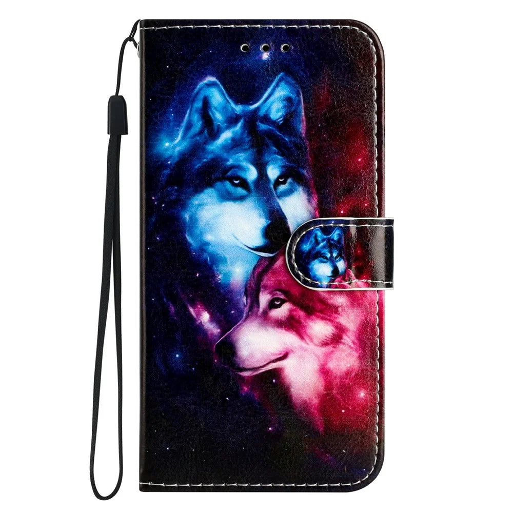 For iPhone 17e / 16e Wallet Case Printed Pattern Design Leather Phone Cover - Couple Wolf - 7