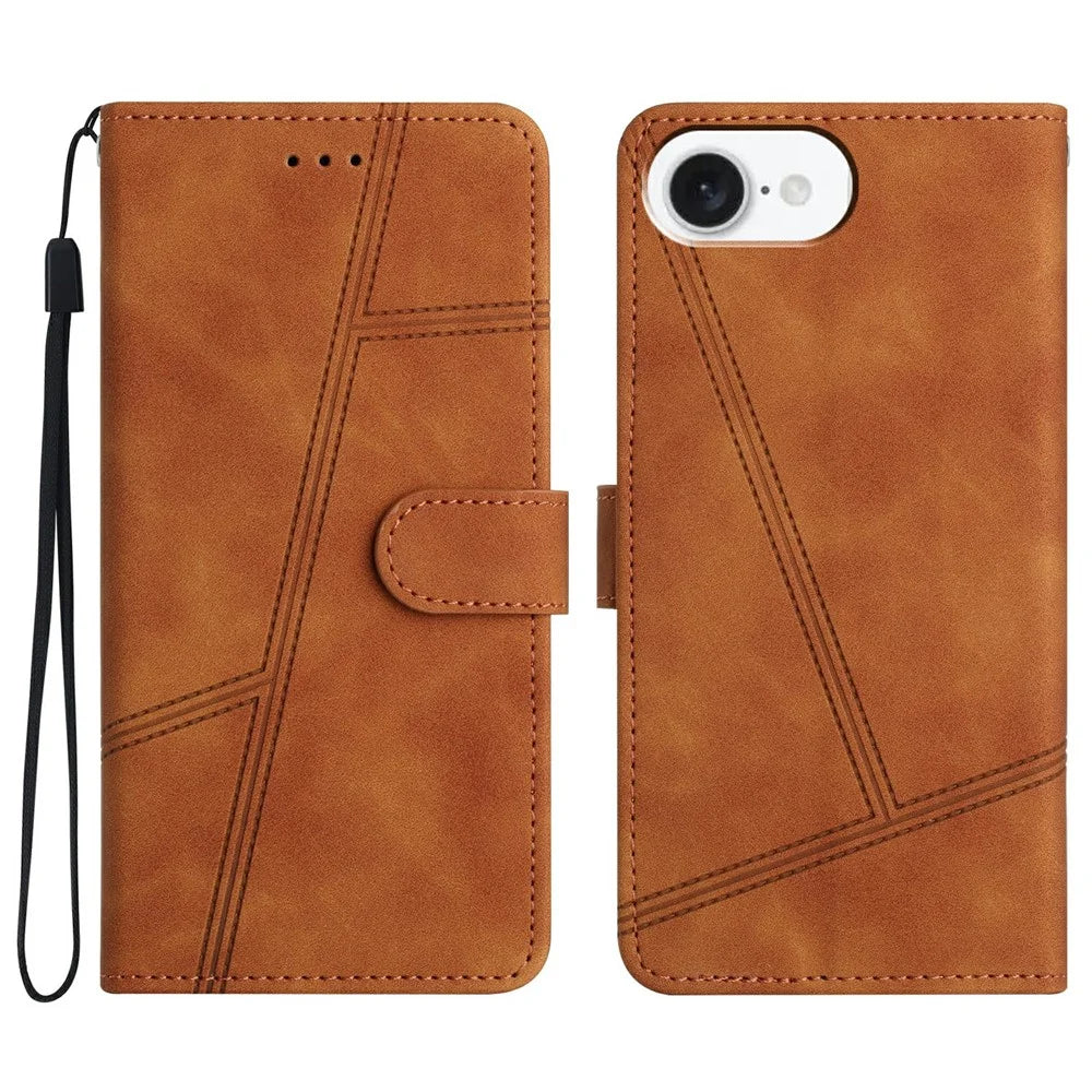 For iPhone 17e / 16e Case Flip Leather Retro Phone Cover Lines Imprinted - Brown - 1