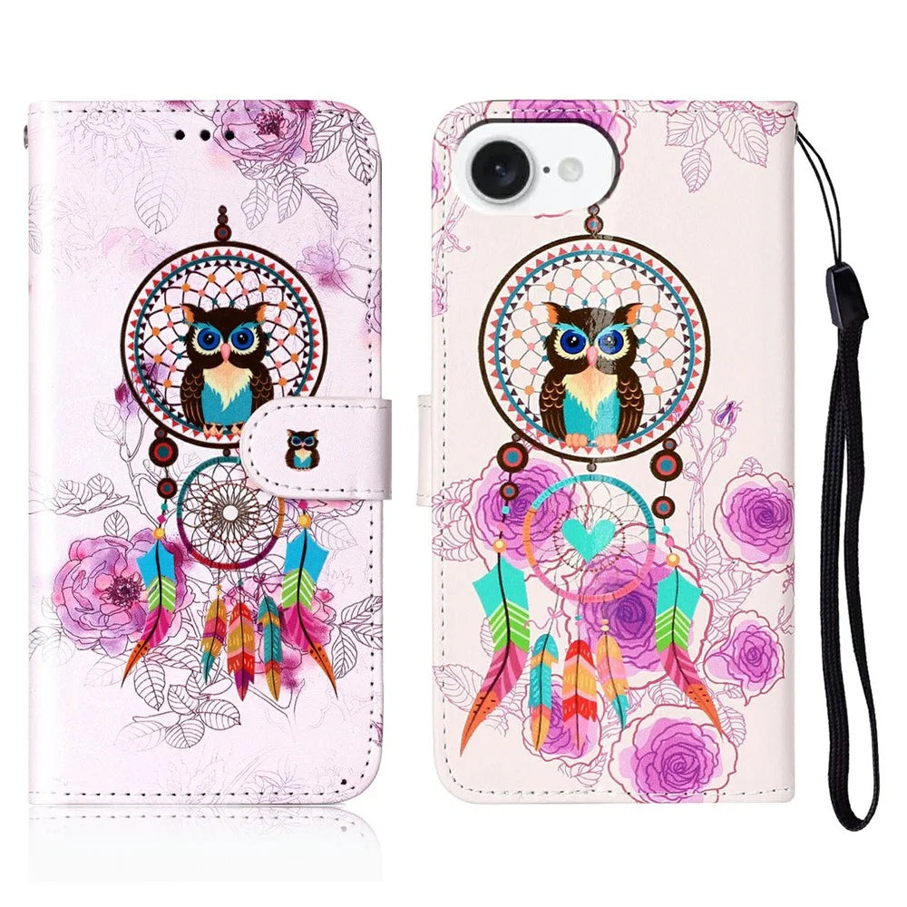For iPhone 17e / 16e Case Pattern Leather Wallet Phone Cover - Wind Chime Owl - 1