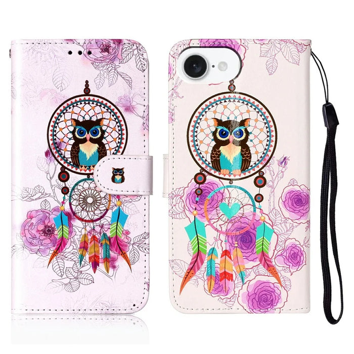 For iPhone 17e / 16e Case Pattern Leather Wallet Phone Cover - Wind Chime Owl - 1
