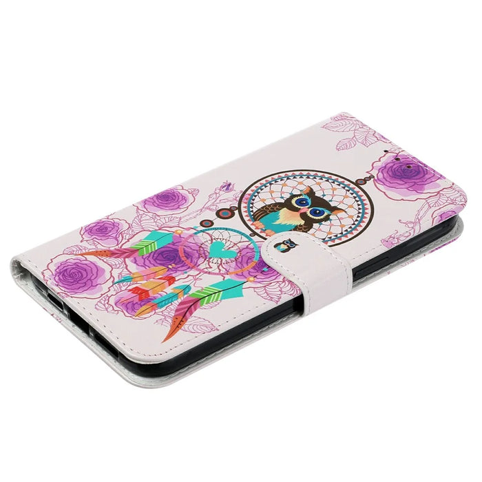 For iPhone 17e / 16e Case Pattern Leather Wallet Phone Cover - Wind Chime Owl - 4
