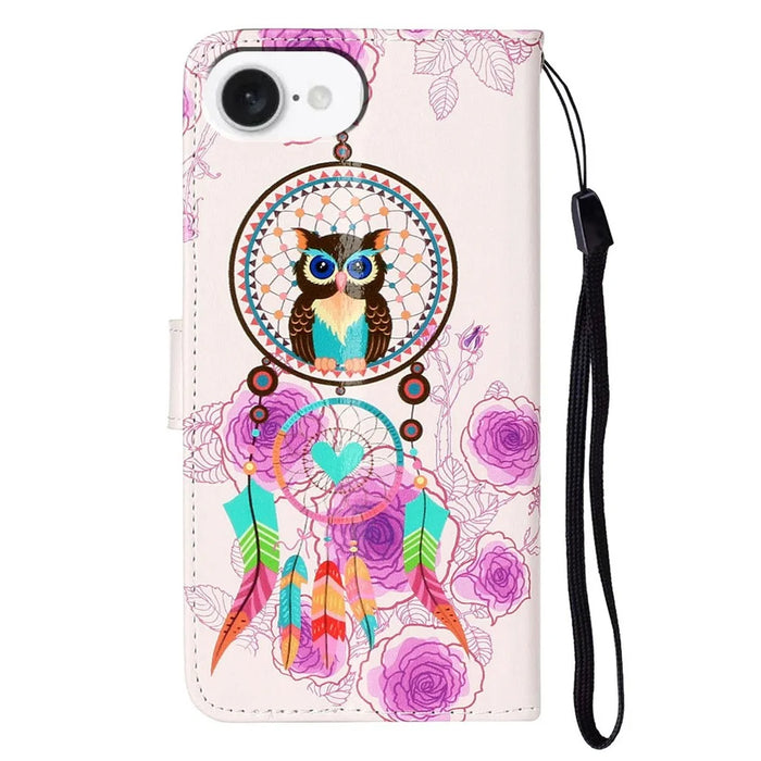 For iPhone 17e / 16e Case Pattern Leather Wallet Phone Cover - Wind Chime Owl - 6