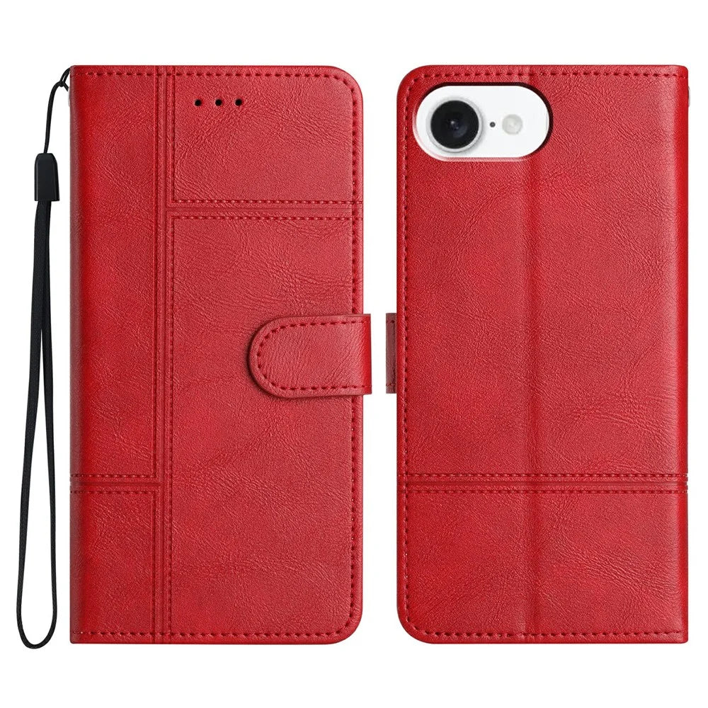 For iPhone 17e / 16e Case Line Imprinted PU Leather Wallet Phone Cover - Red - 1