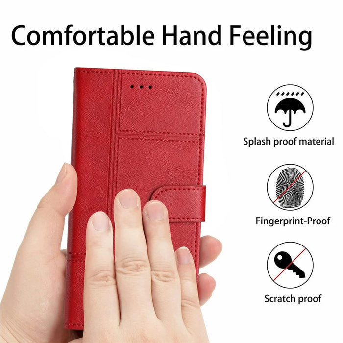 For iPhone 17e / 16e Case Line Imprinted PU Leather Wallet Phone Cover - Red - 6