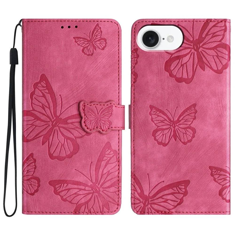 For iPhone 17e / 16e Case Butterfly Design Flip Wallet Leather Phone Cover Skin-Touch - Rose - 1
