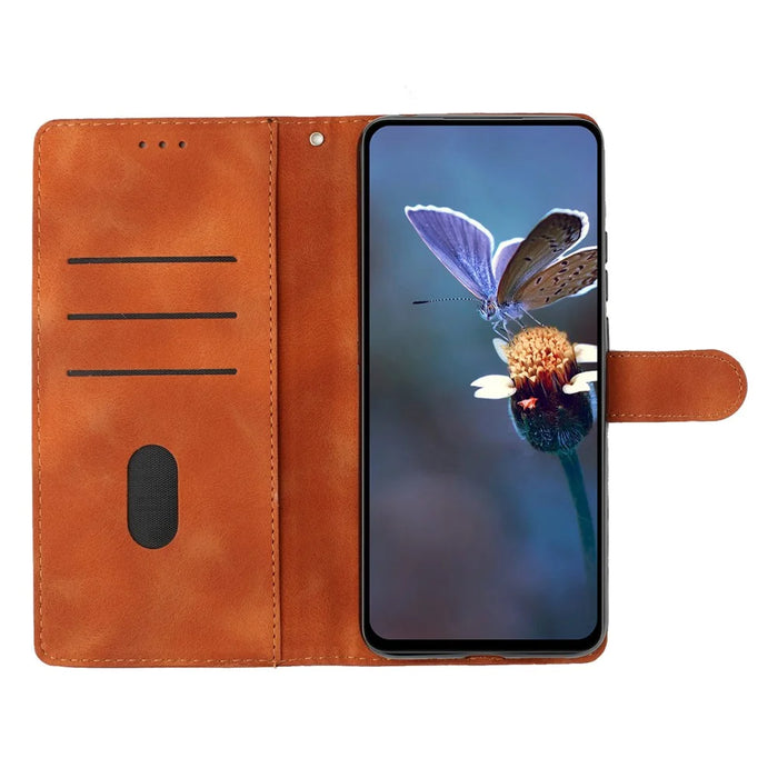 For iPhone 17e / 16e Case Leather Imprinted Flower Phone Cover Wallet with Wrist Strap - Brown - 3