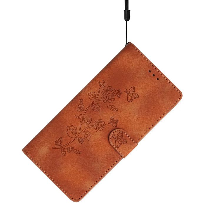 For iPhone 17e / 16e Case Leather Imprinted Flower Phone Cover Wallet with Wrist Strap - Brown - 5