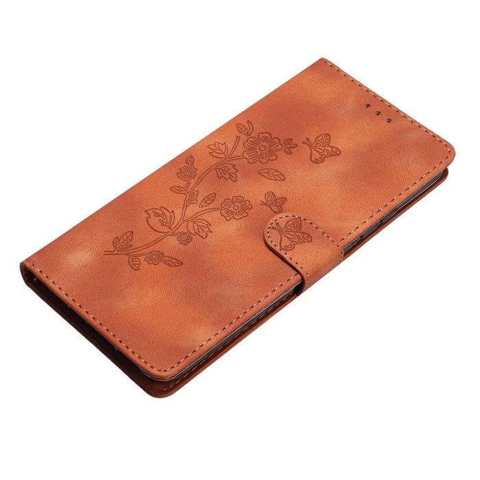 For iPhone 17e / 16e Case Leather Imprinted Flower Phone Cover Wallet with Wrist Strap - Brown - 7