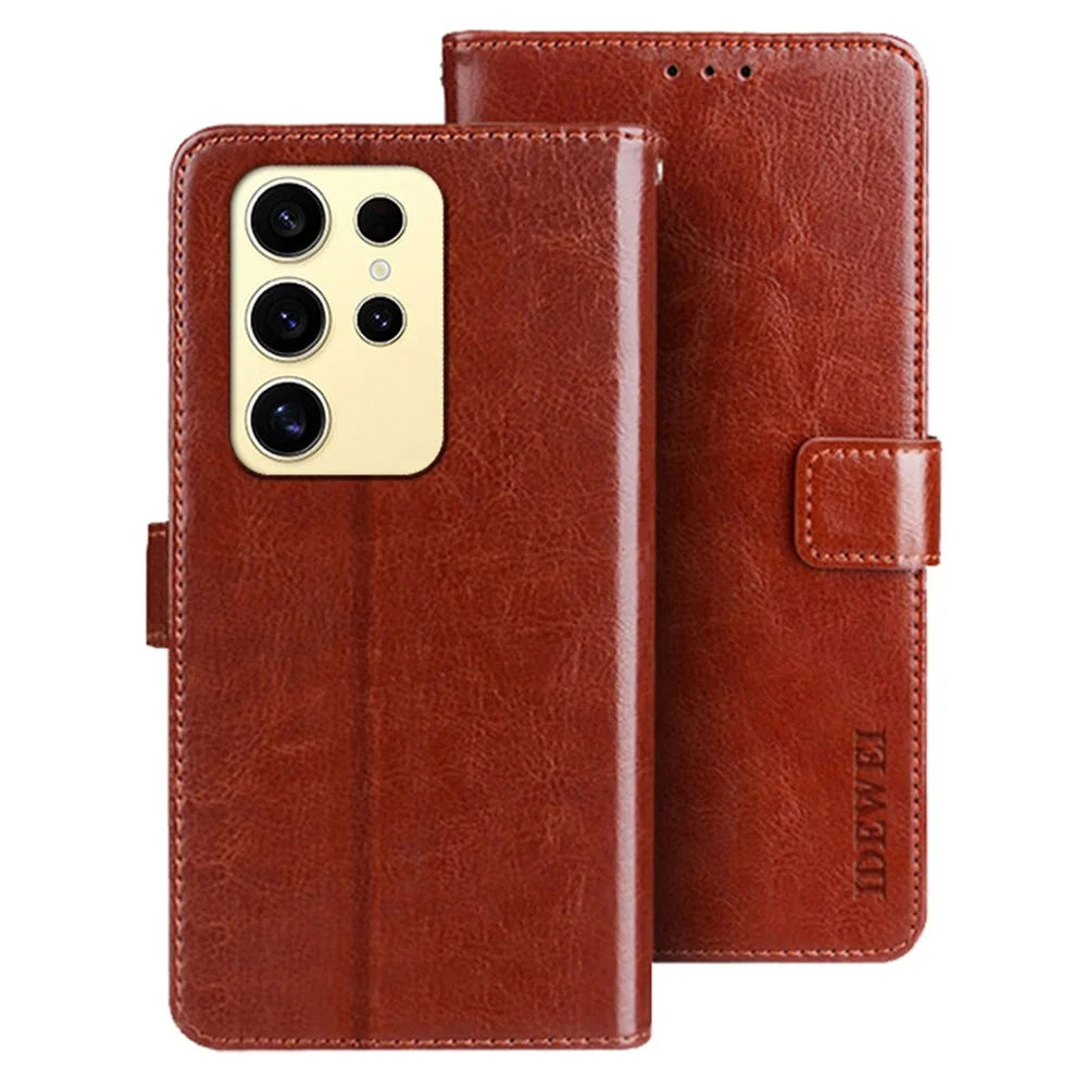 IDEWEI For Samsung Galaxy S25 Ultra Stand Case Crazy Horse Texture Leather Phone Cover - Brown - 1