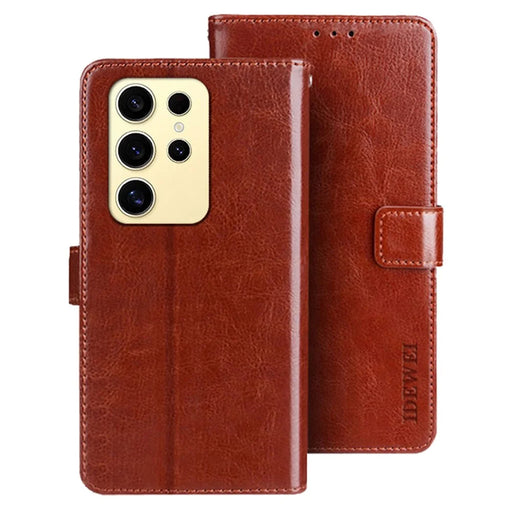 IDEWEI For Samsung Galaxy S25 Ultra Stand Case Crazy Horse Texture Leather Phone Cover - Brown - 1