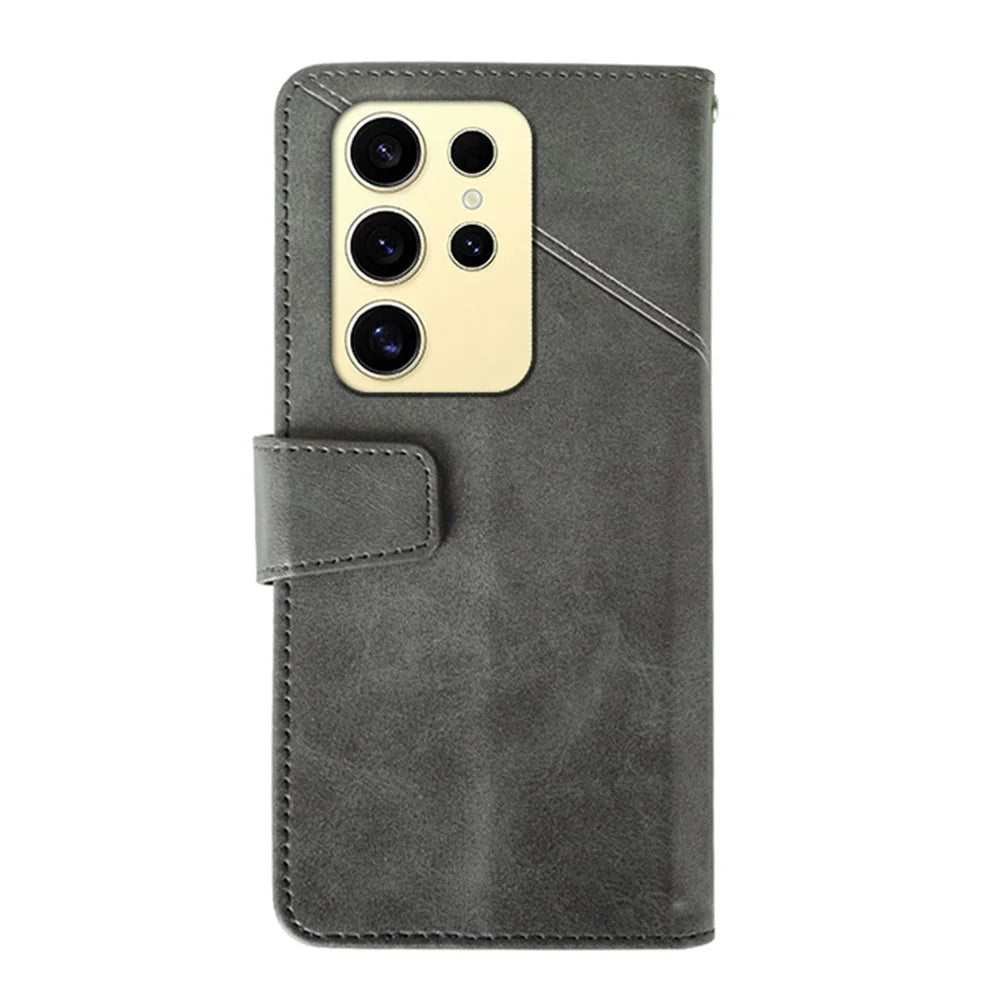 IDEWEI For Samsung Galaxy S25 Ultra Case Leather Wallet Phone Cover Stand Calf Texture - Grey - 5