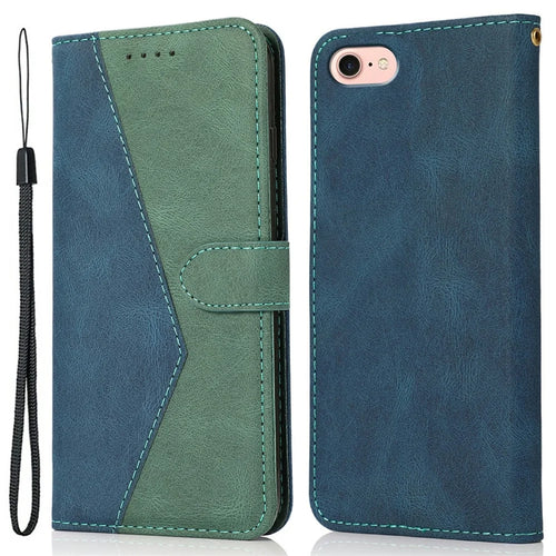 For iPhone 17e / 16e Case Color Splicing Wallet Stand Leather Phone Cover with Wrist Strap - Blue  /  Green - 1