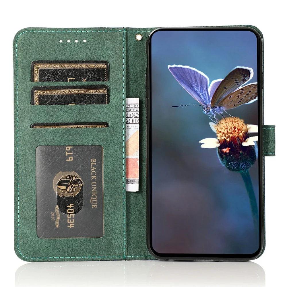For iPhone 17e / 16e Case Color Splicing Wallet Stand Leather Phone Cover with Wrist Strap - Blue  /  Green - 2