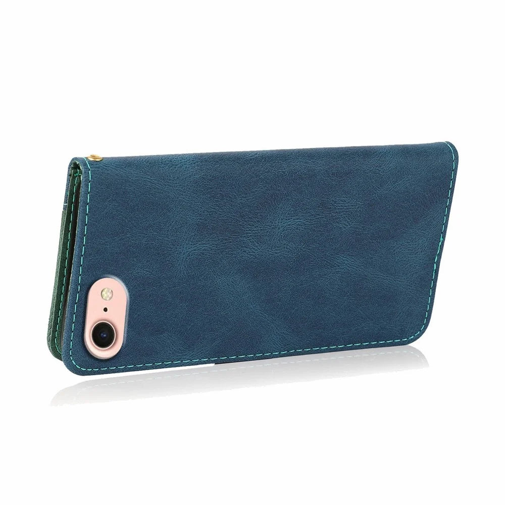 For iPhone 17e / 16e Case Color Splicing Wallet Stand Leather Phone Cover with Wrist Strap - Blue  /  Green - 4