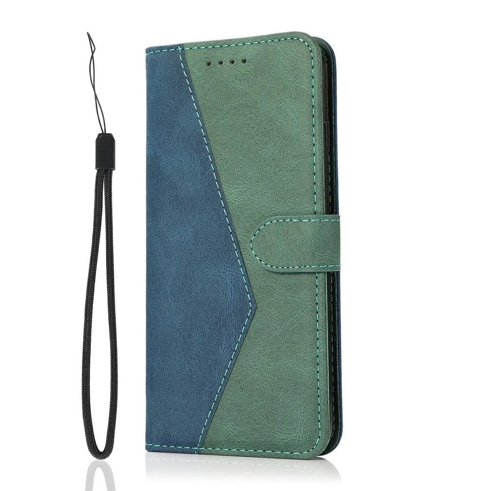 For iPhone 17e / 16e Case Color Splicing Wallet Stand Leather Phone Cover with Wrist Strap - Blue  /  Green - 5