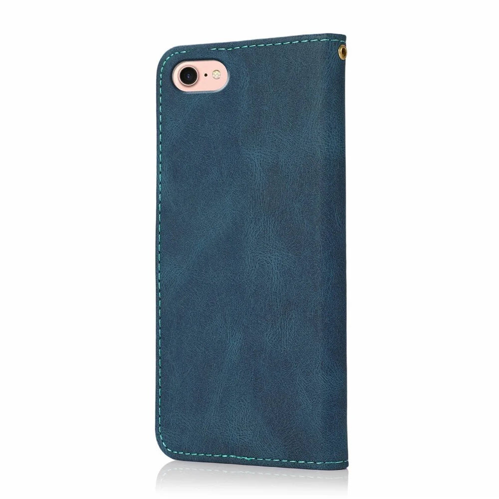 For iPhone 17e / 16e Case Color Splicing Wallet Stand Leather Phone Cover with Wrist Strap - Blue  /  Green - 6