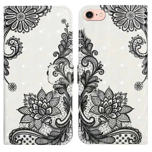 For iPhone 17e / 16e Case 3D Creative Pattern PU Leather Stand Phone Cover - Lace Flower - 1