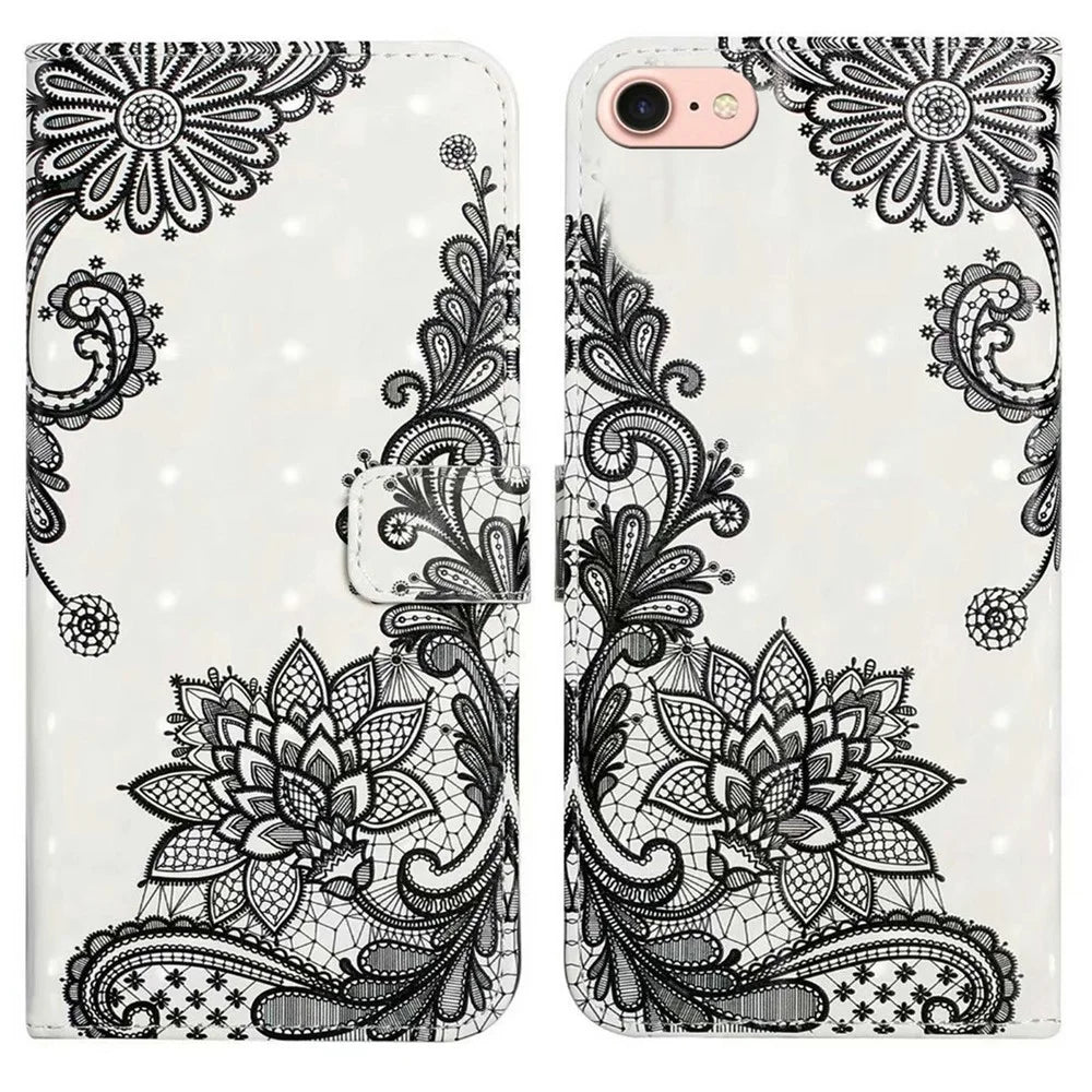 For iPhone 17e / 16e Case 3D Creative Pattern PU Leather Stand Phone Cover - Lace Flower - 1