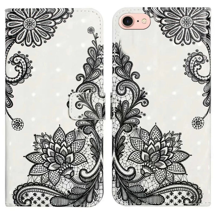 For iPhone 17e / 16e Case 3D Creative Pattern PU Leather Stand Phone Cover - Lace Flower - 1