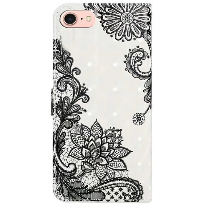 For iPhone 17e / 16e Case 3D Creative Pattern PU Leather Stand Phone Cover - Lace Flower - 6