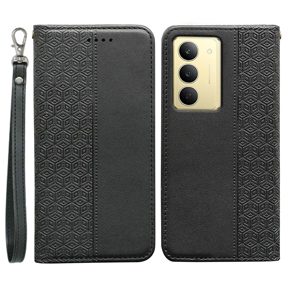 For Realme 14x 5G Wallet Phone Case Checkered Pattern Imprint Leather Flip Cover with Wrist Strap - Black - 1