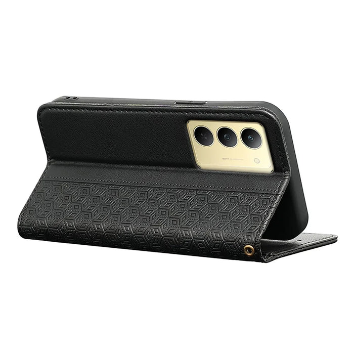 For Realme 14x 5G Wallet Phone Case Checkered Pattern Imprint Leather Flip Cover with Wrist Strap - Black - 4