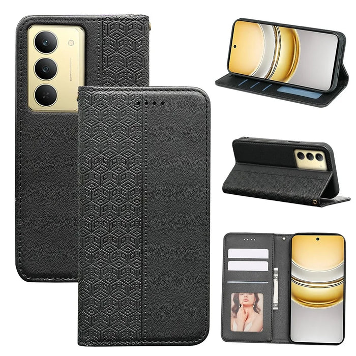 For Realme 14x 5G Wallet Phone Case Checkered Pattern Imprint Leather Flip Cover with Wrist Strap - Black - 5