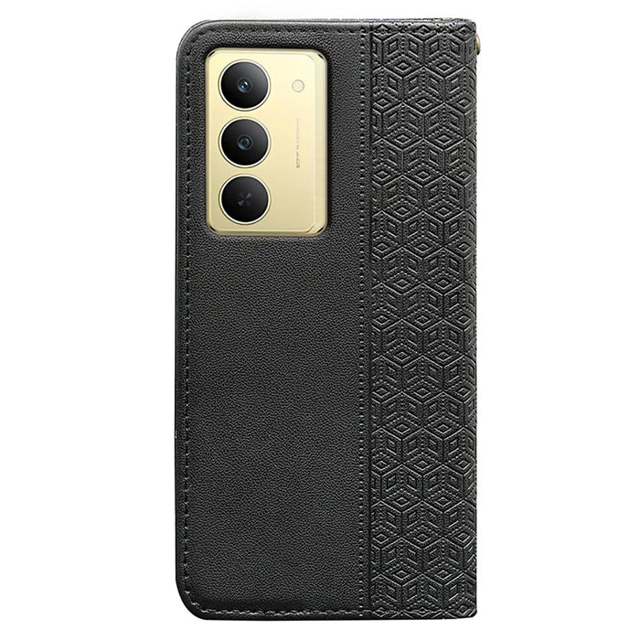 For Realme 14x 5G Wallet Phone Case Checkered Pattern Imprint Leather Flip Cover with Wrist Strap - Black - 7