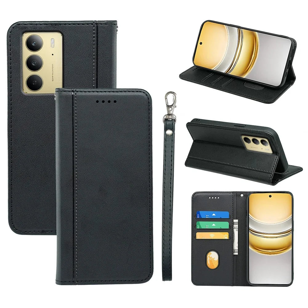 HX01 For Realme 14x 5G Wallet Case Magnetic Closing PU Leather Phone Cover - Black - 1