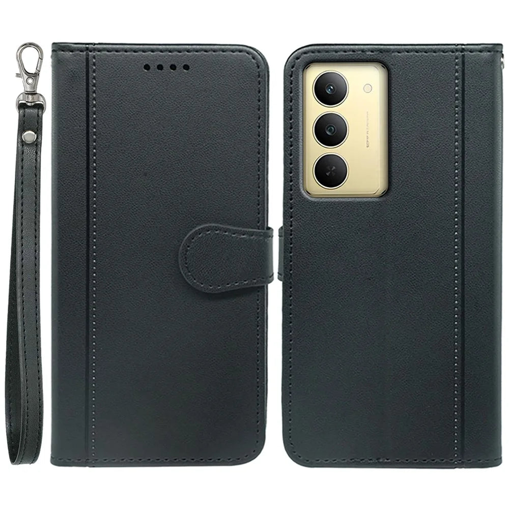 For Realme 14x 5G Wallet Case Magnetic Snap Leather Phone Cover with Strap - Black - 1