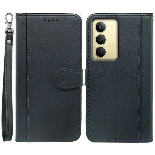 For Realme 14x 5G Wallet Case Magnetic Snap Leather Phone Cover with Strap - Black - 1