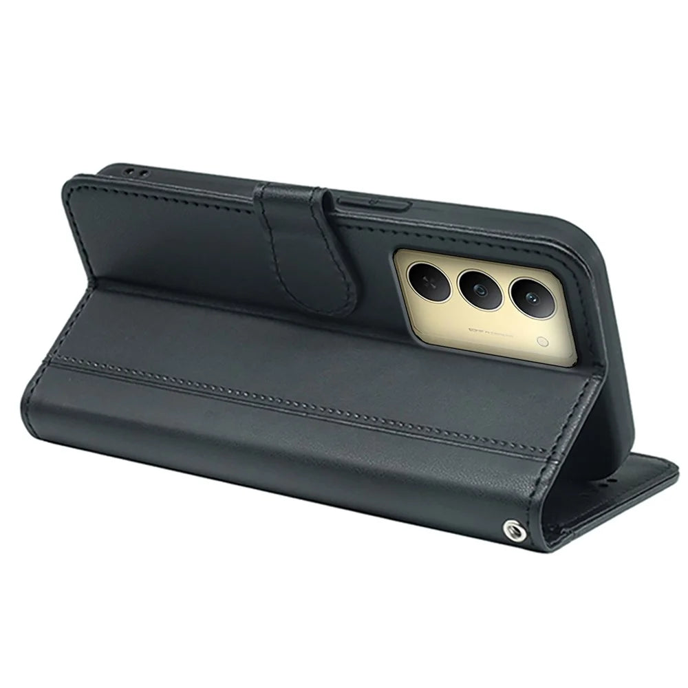 For Realme 14x 5G Wallet Case Magnetic Snap Leather Phone Cover with Strap - Black - 4