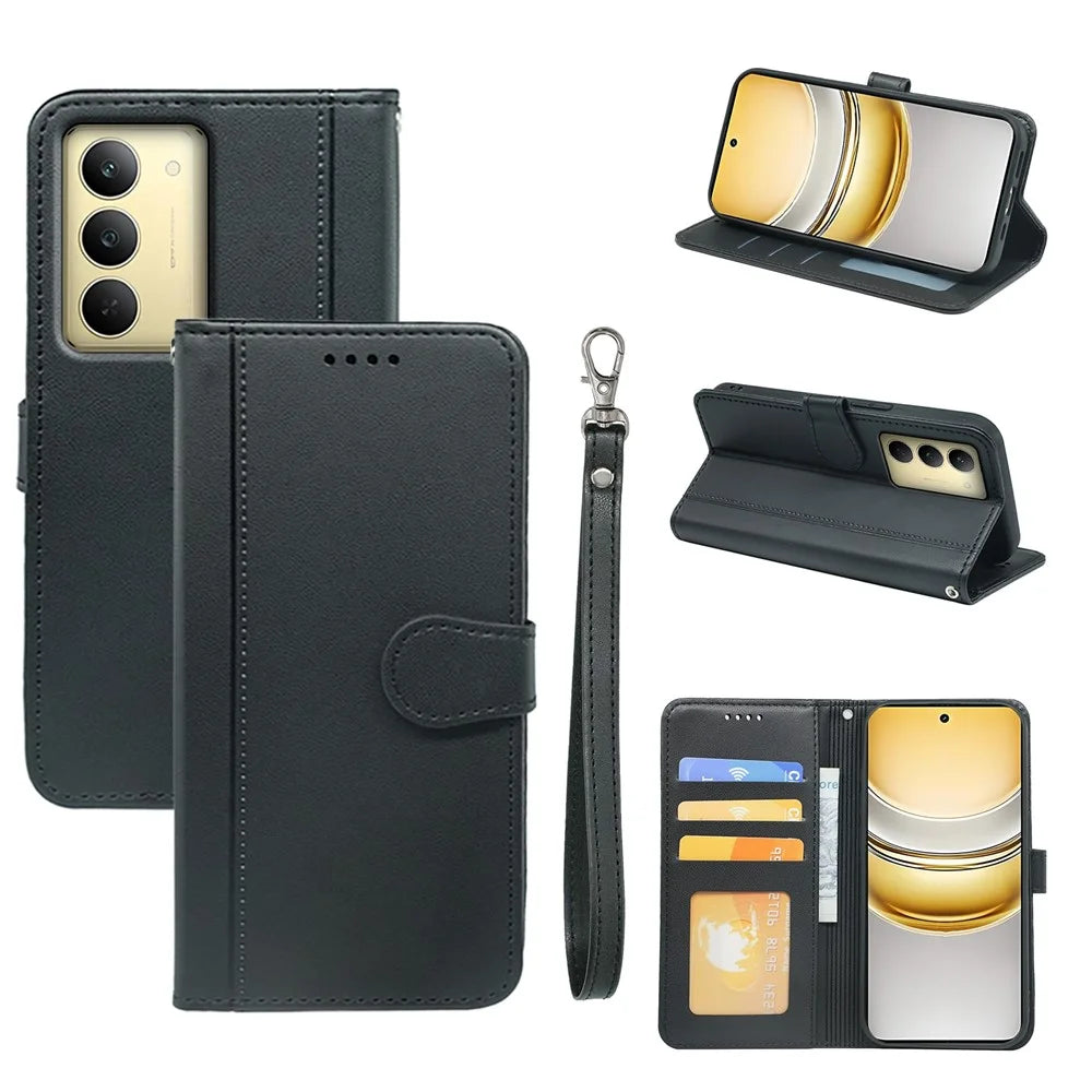 For Realme 14x 5G Wallet Case Magnetic Snap Leather Phone Cover with Strap - Black - 5