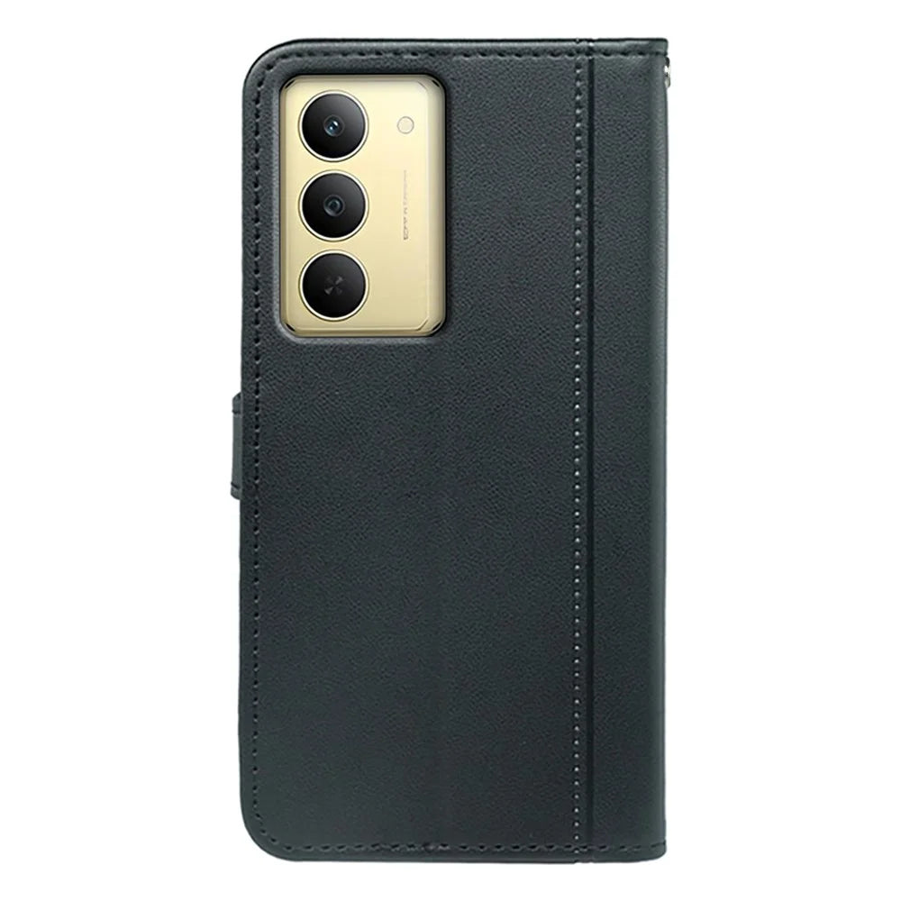 For Realme 14x 5G Wallet Case Magnetic Snap Leather Phone Cover with Strap - Black - 7
