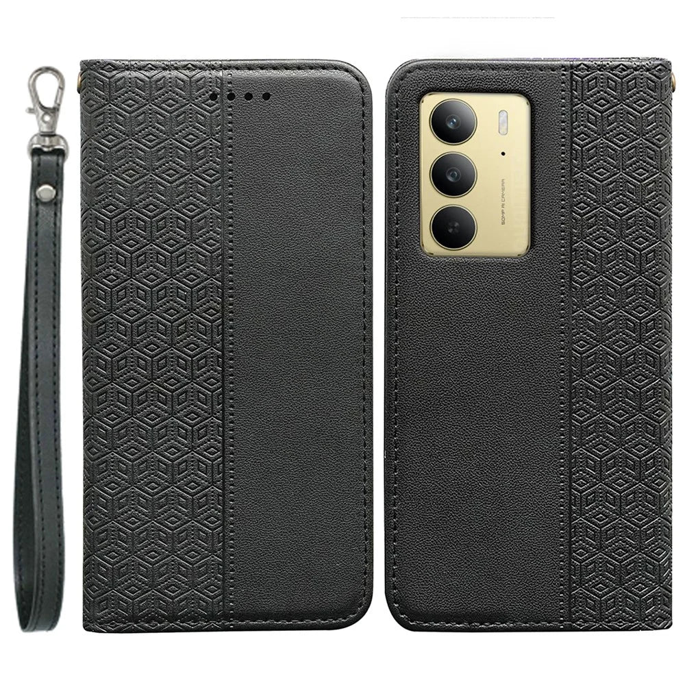 For Realme C75 4G Wallet Phone Case Checkered Pattern Imprint Leather Flip Cover with Wrist Strap - Black - 1